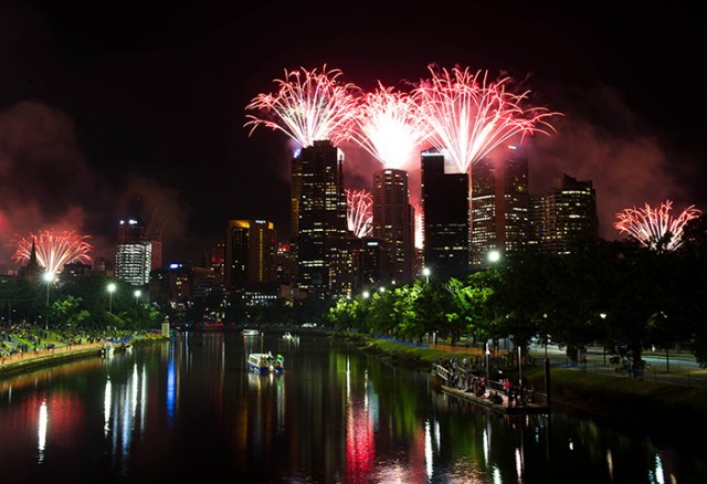 Fireworks on the banks of the Yarra River in Melbourne, Australia