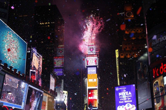 Fireworks are seen over Times Square during New Year celebrations in New York