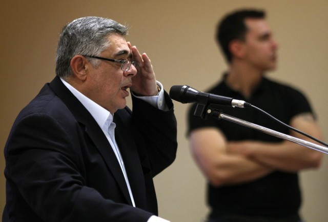 Image: File photo shows leader of far-right Golden Dawn party Mihaloliakos addressing an election campaign rally in Perama