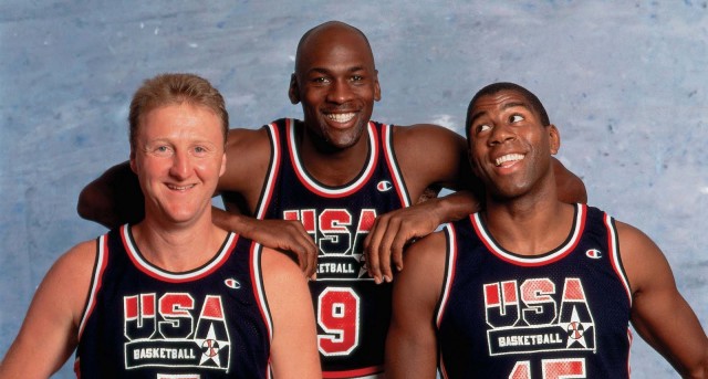 Larry-Bird-Michael-Jordan-and-Magic-Johnson-in-a-photo-shootout-for-92-Olympics-1992