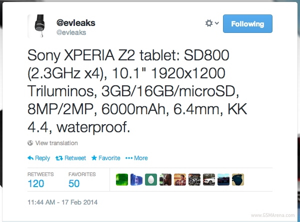 Sony Xperia Z2 tablet leaked