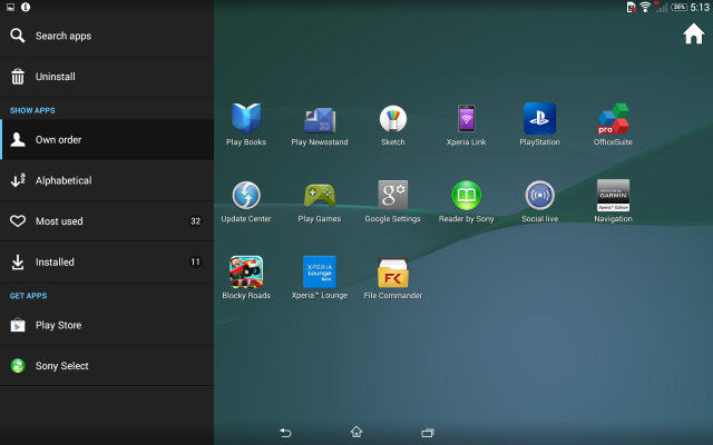 Xperia Z2 tablet menu 2