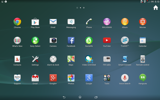 Xperia Z2 tablet menu