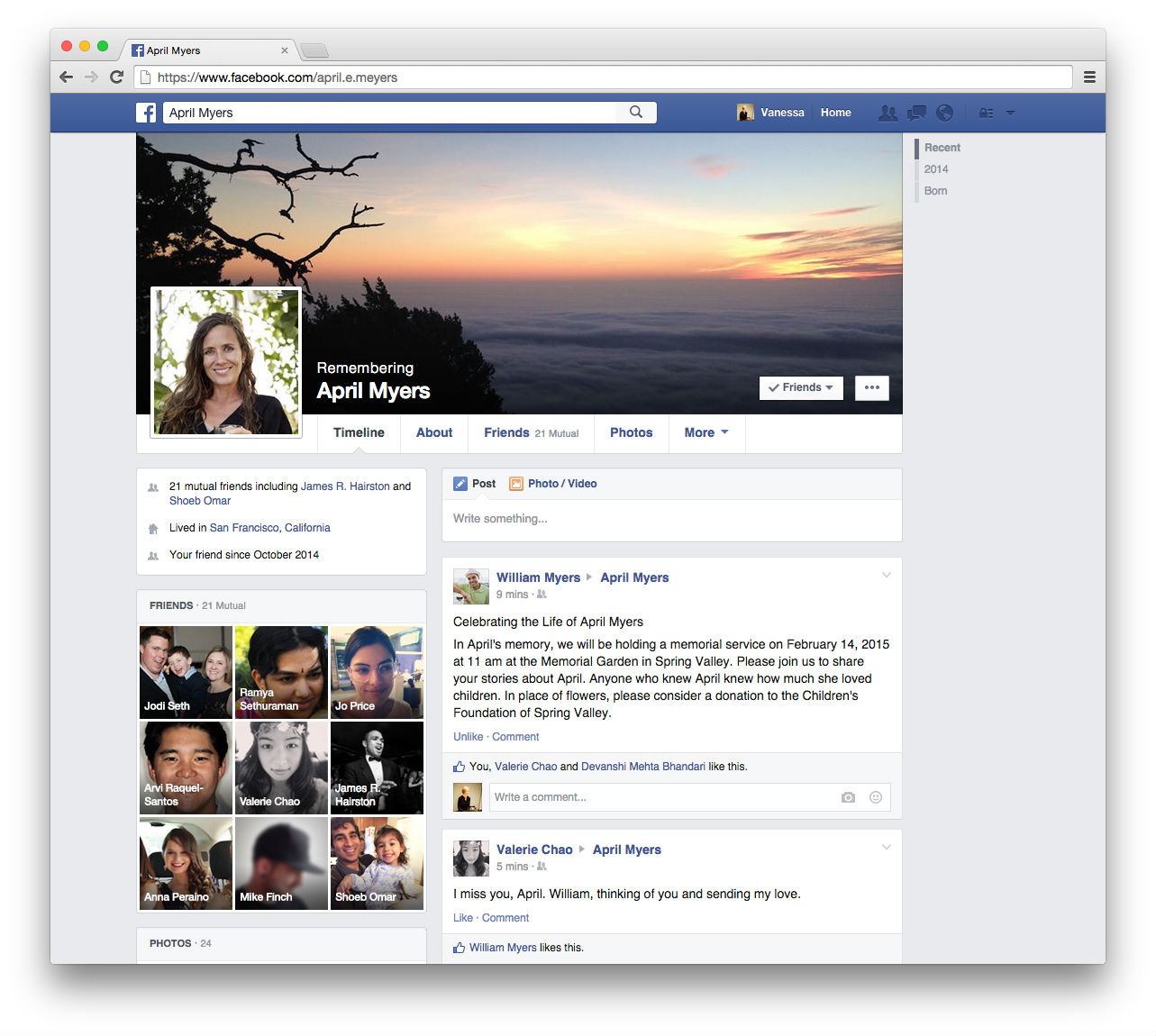 Facebook memorilized profile