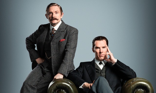 EMBARGOED TO 0001 THURSDAY JULY 9 For use in UK, Ireland or Benelux countries only  BBC undated handout photo of Benedict Cumberbatch (right) and Martin Freeman dressed in period costume ahead of forthcoming Sherlock Special, made for BBC One by Hartswood Films. PRESS ASSOCIATION Photo. Issue date: Thursday July 9, 2015. They will be reunited in a special episode of the hit show, widely reported to involve a trip back in time to Victoria London, and three more episodes of a new series. See PA story SHOWBIZ Sherlock. Photo credit should read: Robert Viglasky/Hartswood Films/BBC/PA Wire NOTE TO EDITORS: Not for use more than 21 days after issue. You may use this picture without charge only for the purpose of publicising or reporting on current BBC programming, personnel or other BBC output or activity within 21 days of issue. Any use after that time MUST be cleared through BBC Picture Publicity. Please credit the image to the BBC and any named photographer or independent programme maker, as described in the caption.