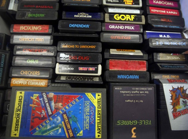 ORG XMIT: TXAUS202 **ADVANCED FOR USE MONDAY, DEC. 27 AND THEREAFTER** A box of old Atari 2600 games donated to the Videogame Archive center on the Campus of the University of Texas, part of the Dolph Briscoe Center for American History, Thursday, Dec, 17, 2010. (AP Photo/Austin American-Statesman, Ricardo B. Brazziell) NO MAGS, NO SALES, NO TV: AP MEMBER, ONLINE AND NEWSPAPERS ONLY USING MANDATORY CREDIT