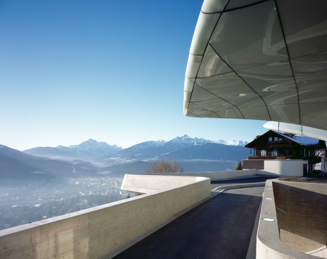 Hungerburgbahn Stations, Innsbruck, Austria, Architect Zaha Hadid, 2008, Hungerburgbahn Station Exterior View With Snow Capped Alps. (Photo by View Pictures/UIG via Getty Images)