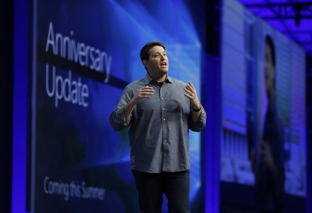 Terry Myerson, Microsoft Executive Vice President of the Windows and Devices Group, talks about an anniversary update to Windows 10 during the keynote address at the Microsoft Build Conference, Wednesday, March 30, 2016, in San Francisco. (AP Photo/Eric Risberg) CAER107 (Eric Risberg / The Associated Press)