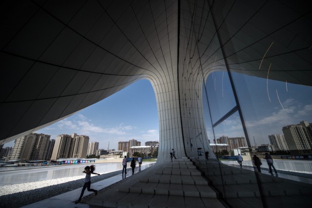 The Heydar Aliyev Cultural Center as seen during the Baku 2015 European Games in Baku , Azerbaijan, 20 June 2015. Photo by: Bernd Thissen/picture-alliance/dpa/AP Images