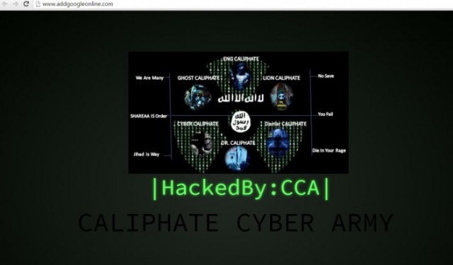 The homepage of Add Google Online displaying a message from the Caliphate Cyber Army