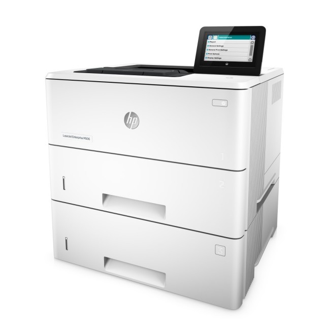 HP LaserJet Enterprise M506, Hero, Left facing, no output