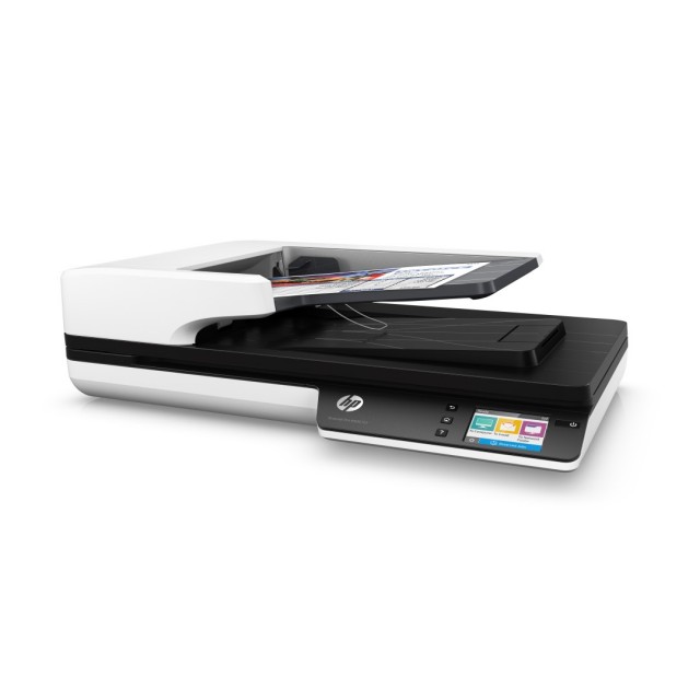 HP ScanJet Pro 4500fn1 Network Scanner, Left facing, with document