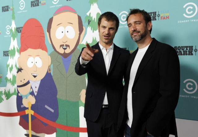 Matt Stone, left, and Trey Parker, co-creators of "South Park," pose together at the 15th anniversary party for the animated television series, Tuesday, Sept. 20, 2011, in Santa Monica, Calif. (AP Photo/Chris Pizzello)