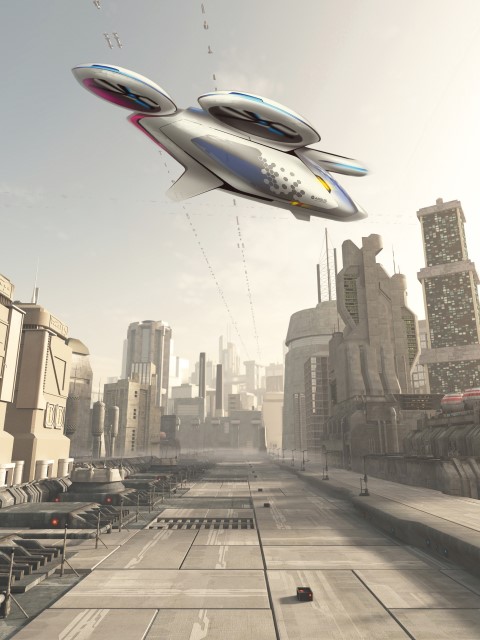Science fiction illustration of a future city street with space cruiser and other aerial traffic overhead in hazy sunshine, 3d digitally rendered illustration.